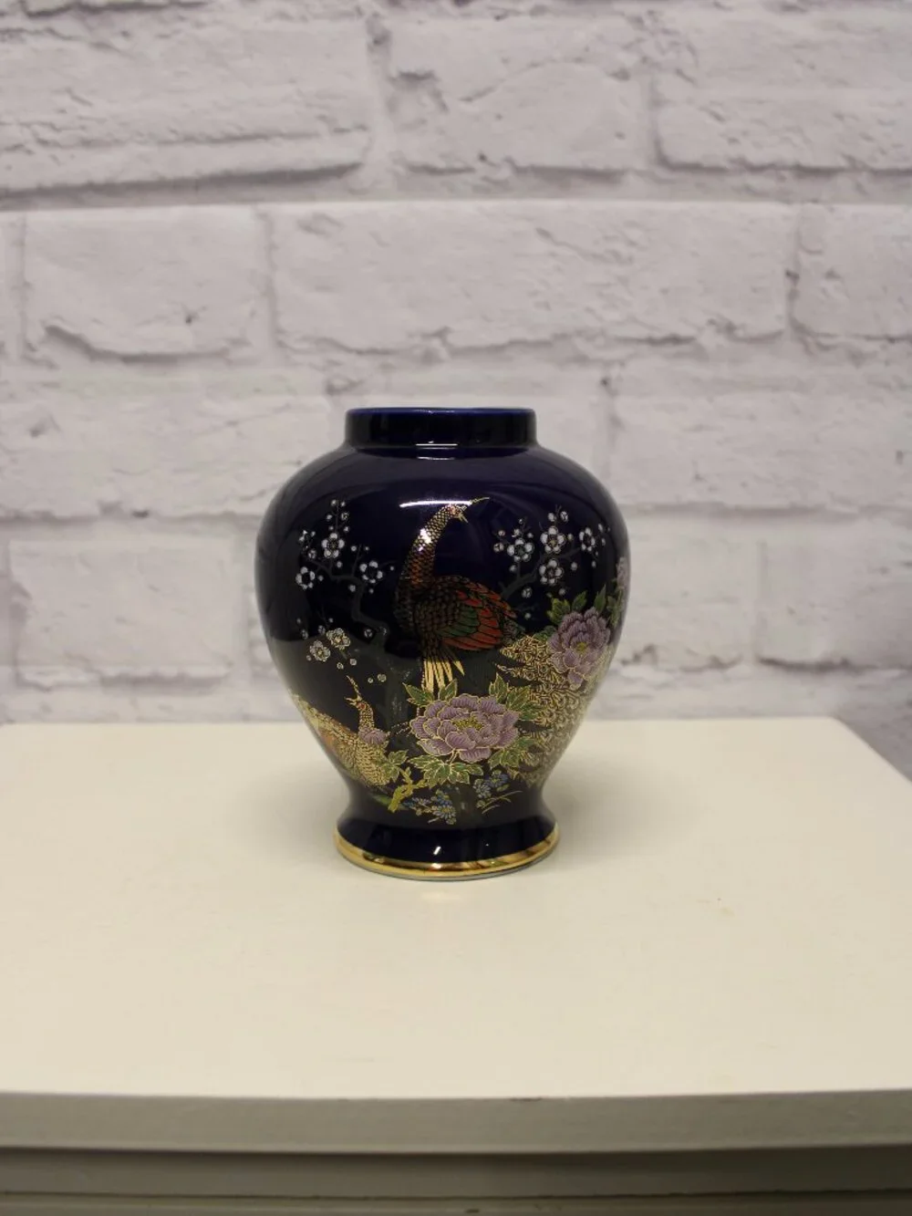 Vintage Cobalt Blue Porcelain Japanese Vase Hand Painted Peacock Floral Gold